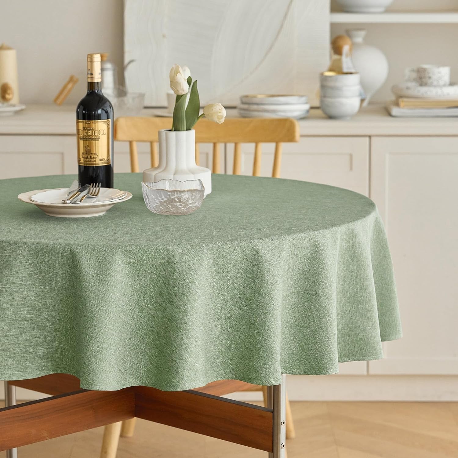 Faux Linen round Tablecloths 60 Inch, Waterproof Decorative Washable Texture Rustic Circle Table Cloth Cover for Dining Kitchen Party Farmhouse Outdoor(Round (2-4 Seats),Sage Green)