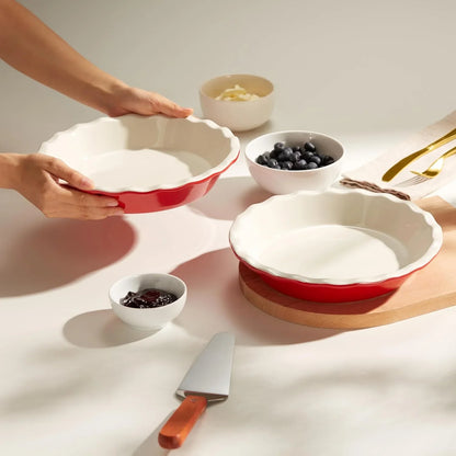 Pie Pan, Ceramic Reusable round Pie Dish, Quiche Baking Dish, Deep, Wave Edge, for Cakes, Tart, Casseroles, Tarts, Microwave, Oven and Dishwasher Safe, 9-Inch, 36 Oz, Set of 2, Cherry