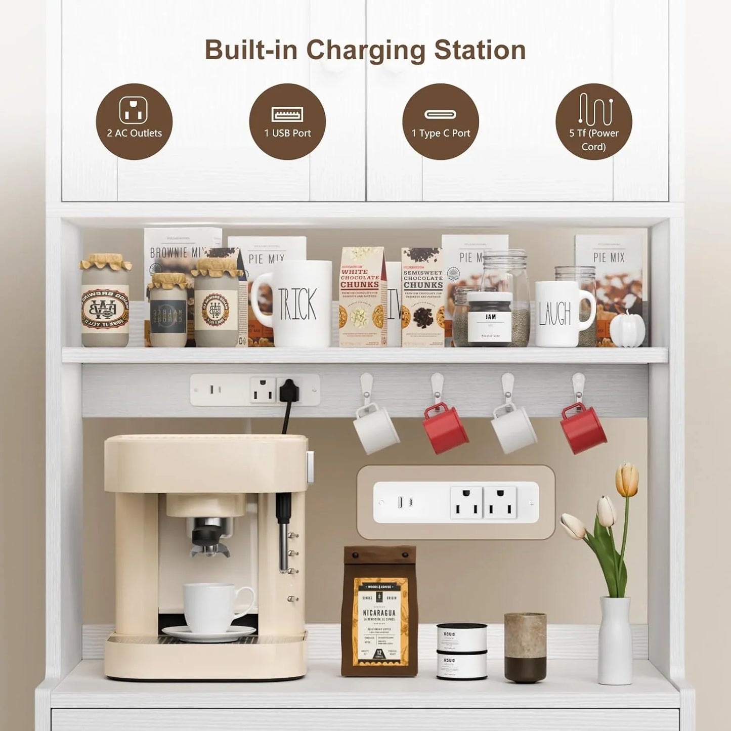 71" Tall Kitchen Pantry Storage Cabinet with Power Outlet & LED Light, Freestanding Food Pantry Cabinet with 4 Doors and Shelves, Cupboard with Drawer, Hutch with Microwave Stand, White