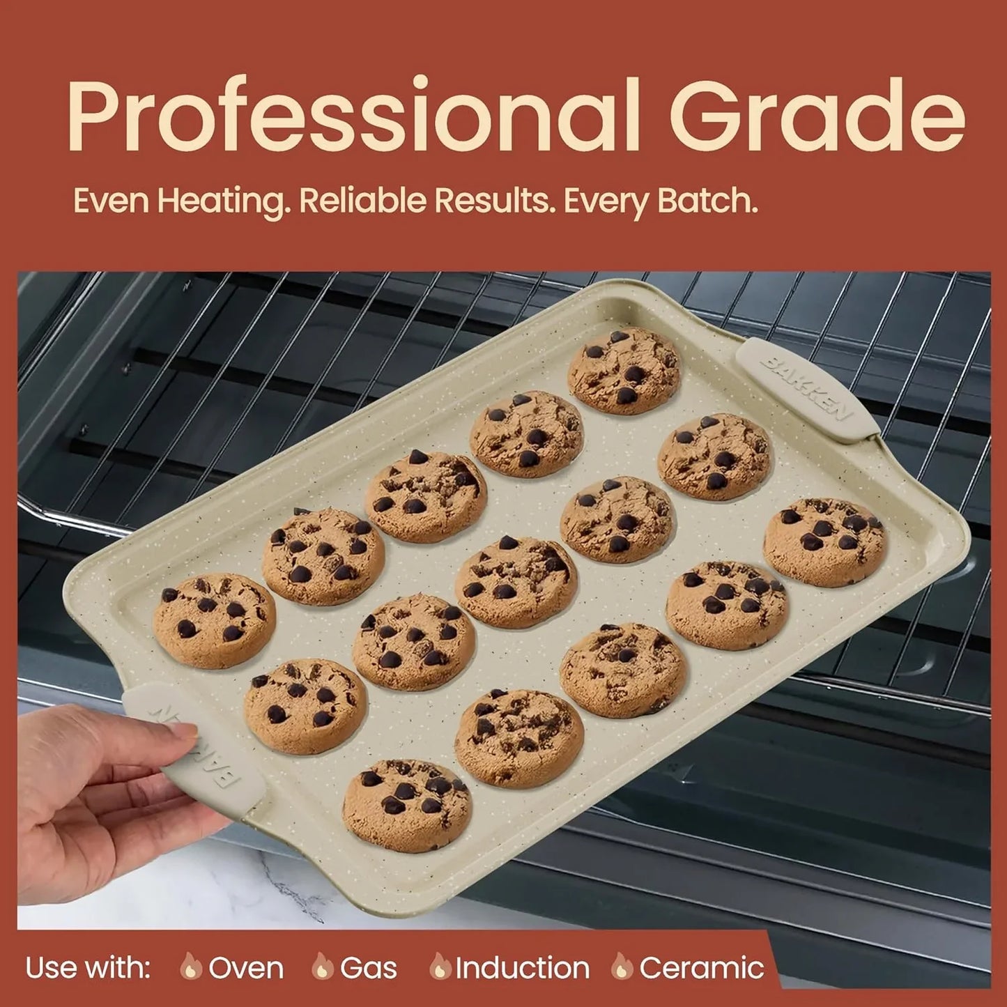 BAKKEN Kitchen Oven Baking Pans - Nonstick Gray Coating, Carbon Steel Bakeware Set with White Silicone Handles, Commercial Restaurant Quality Pans, PFOA, PFOS, PTFE Free, Oven Safe (450° F), Set of 10