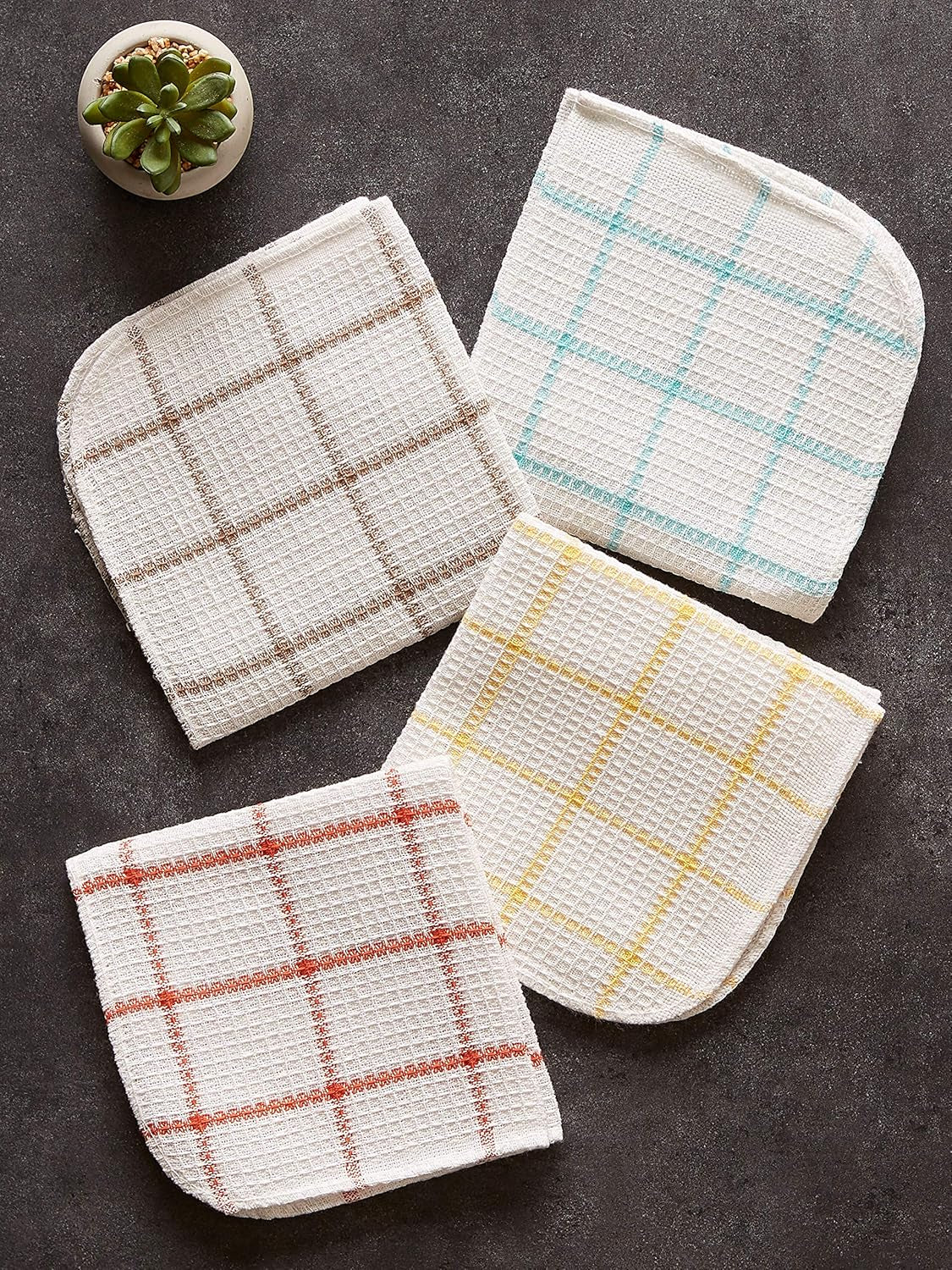Scrubber Dishcloths Collection Windowpane Dishrag Set, 12X12, White/Stone Stripe, 6 Piece