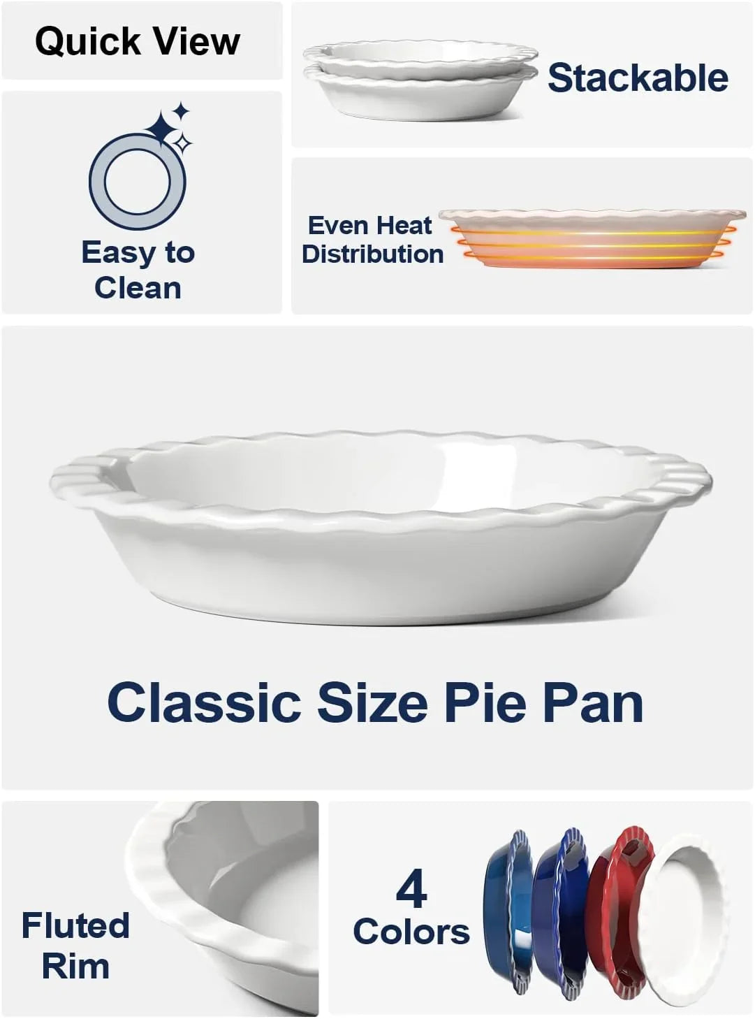 Ceramic Pie Pans for Baking, 9 Inches Pie Plate for Apple Pie, round Baking Dish, 36 Ounce Fluted Dish Pie Pan, Set of 2, White