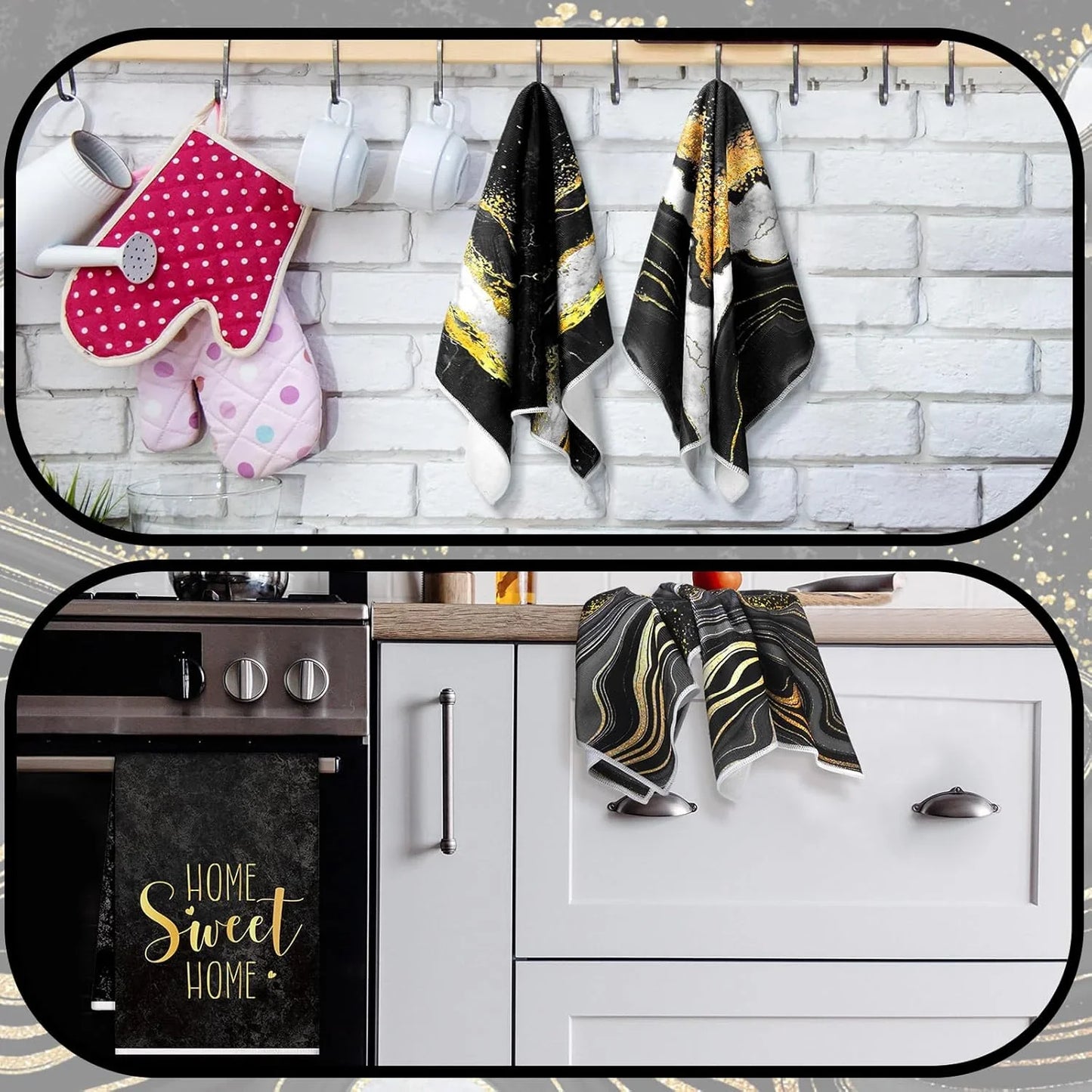4 Pcs Marble Kitchen Towels Black and Gold Bathroom Hand Towels Absorbent Marble Tea Washcloths for Spring Bathroom Decor Kitchen Accessories Gifts