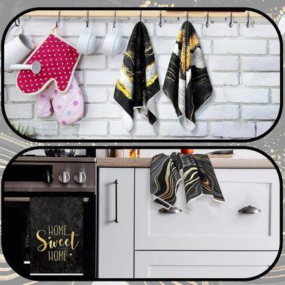 4 Pcs Marble Kitchen Towels Black and Gold Bathroom Hand Towels Absorbent Marble Tea Washcloths for Spring Bathroom Decor Kitchen Accessories Gifts