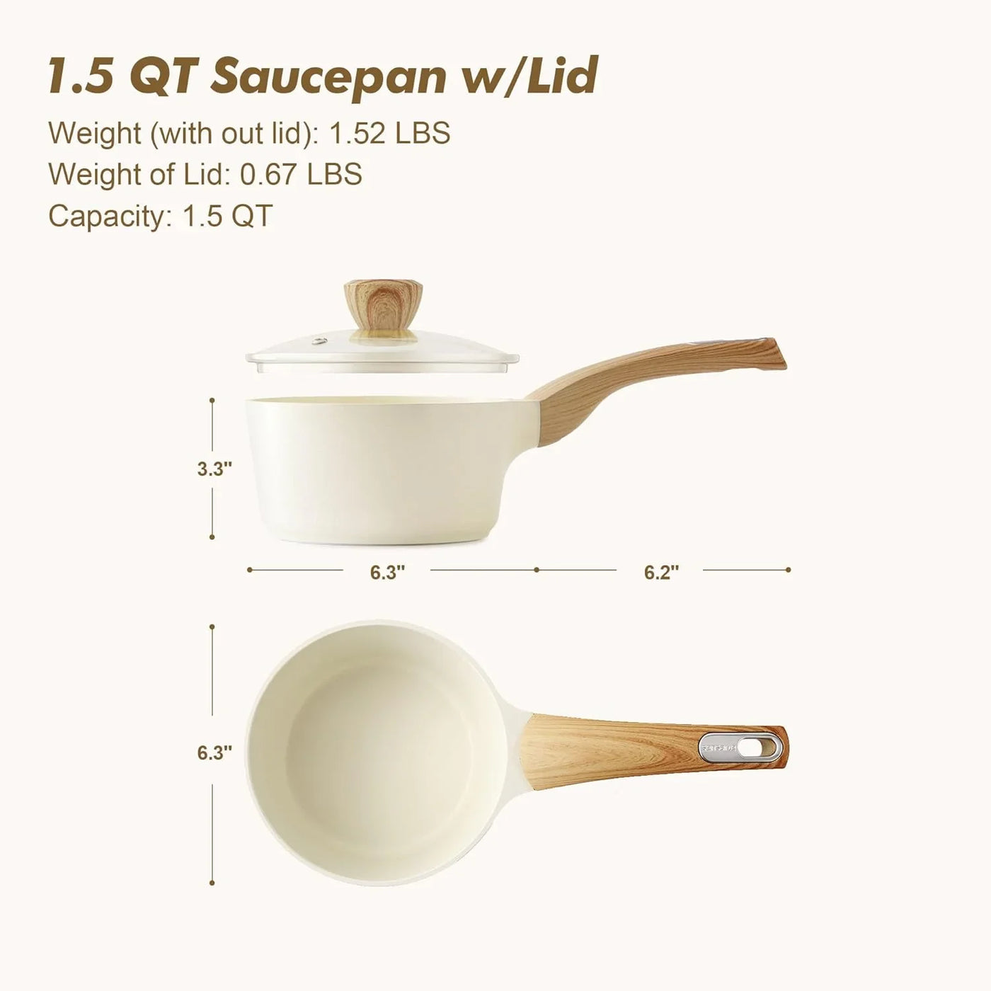 Ceramic Nonstick Sauce Pan with Lid, 1.5 Quart Small Saucepan, White Cooking Pot with Stay Cool Handle, Non Toxic Kitchen Sauce Pot, Non Stick Saucier Pan, Induction Pot, PFOA PTFE PFAS Free