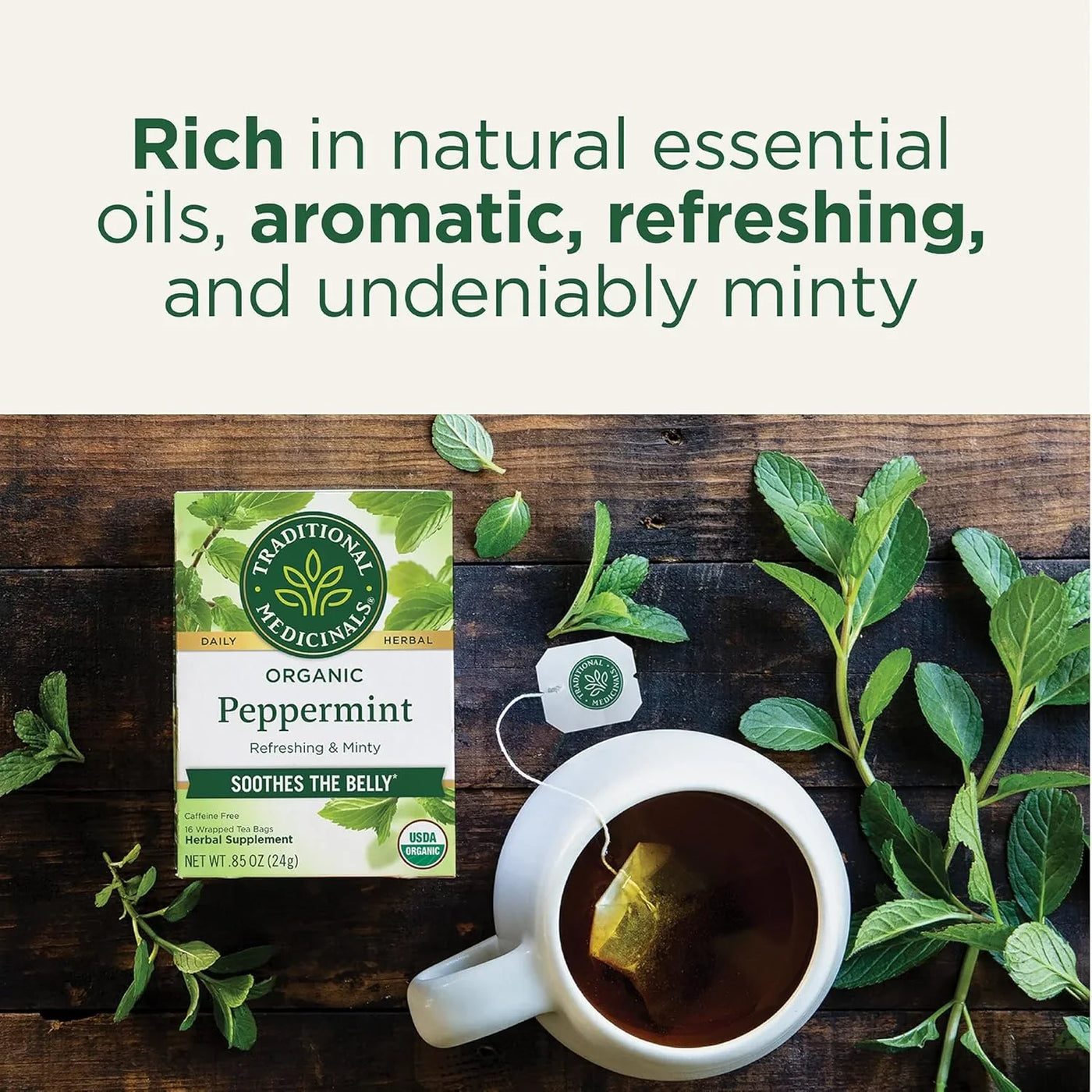 Organic, Peppermint Tea - Helps Soothe Belly from Occasional Gas and Bloating - Kosher, Non-Gmo, Caffeine-Free, Compostable - 16 Tea Bags