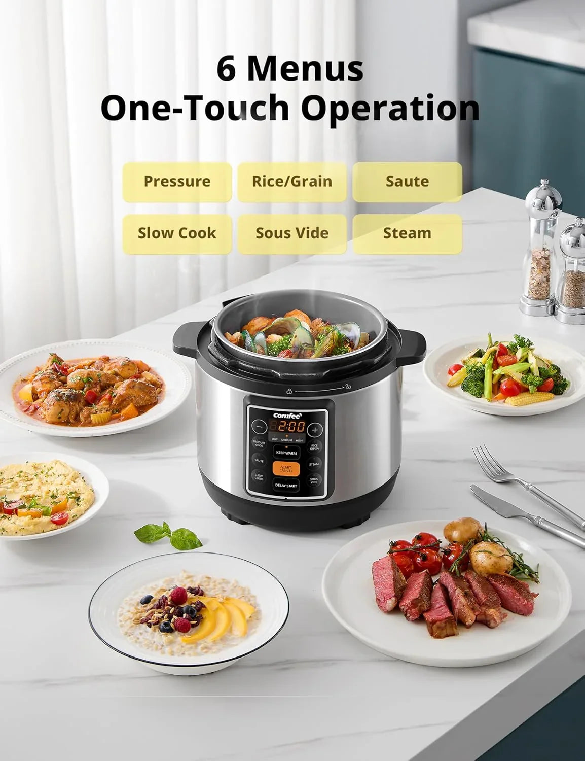 COMFEE’ 7-In-1 Small Electric Pressure Cooker, Slow Cooker, Steamer, Sauté, Sous Vide, Warmer, Multi Cooker with Natural Ceramic Coated Non-Stick Pot, 3 Quarts