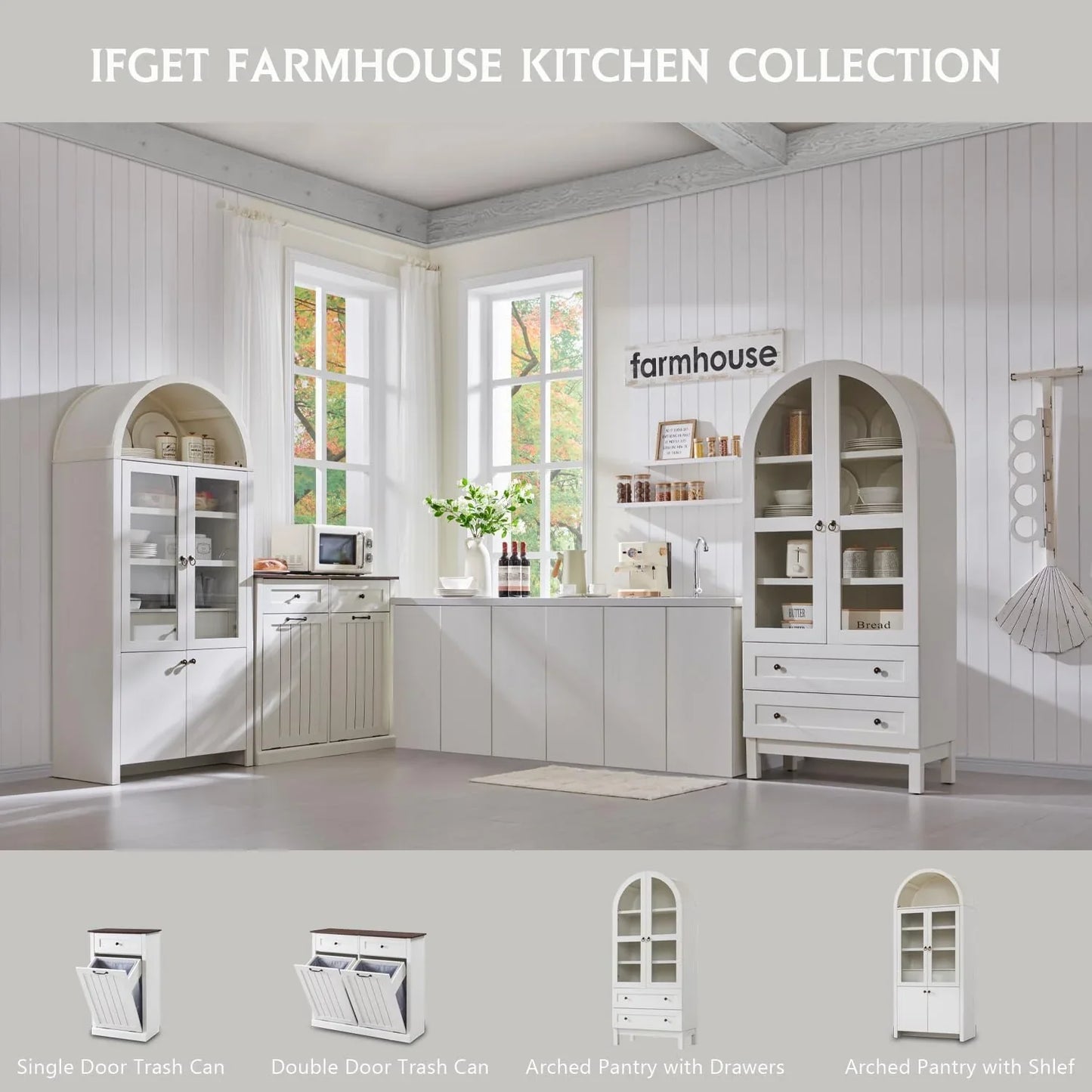 71" Tall Arched Kitchen Pantry Cabinet, Wood Kitchens Storage Cabinets with 2 Large Drawers and Adjustable Shelves, Modern Farmhouse Versatile Cupboard for Kitchen, Dining Room, Bathroom, White