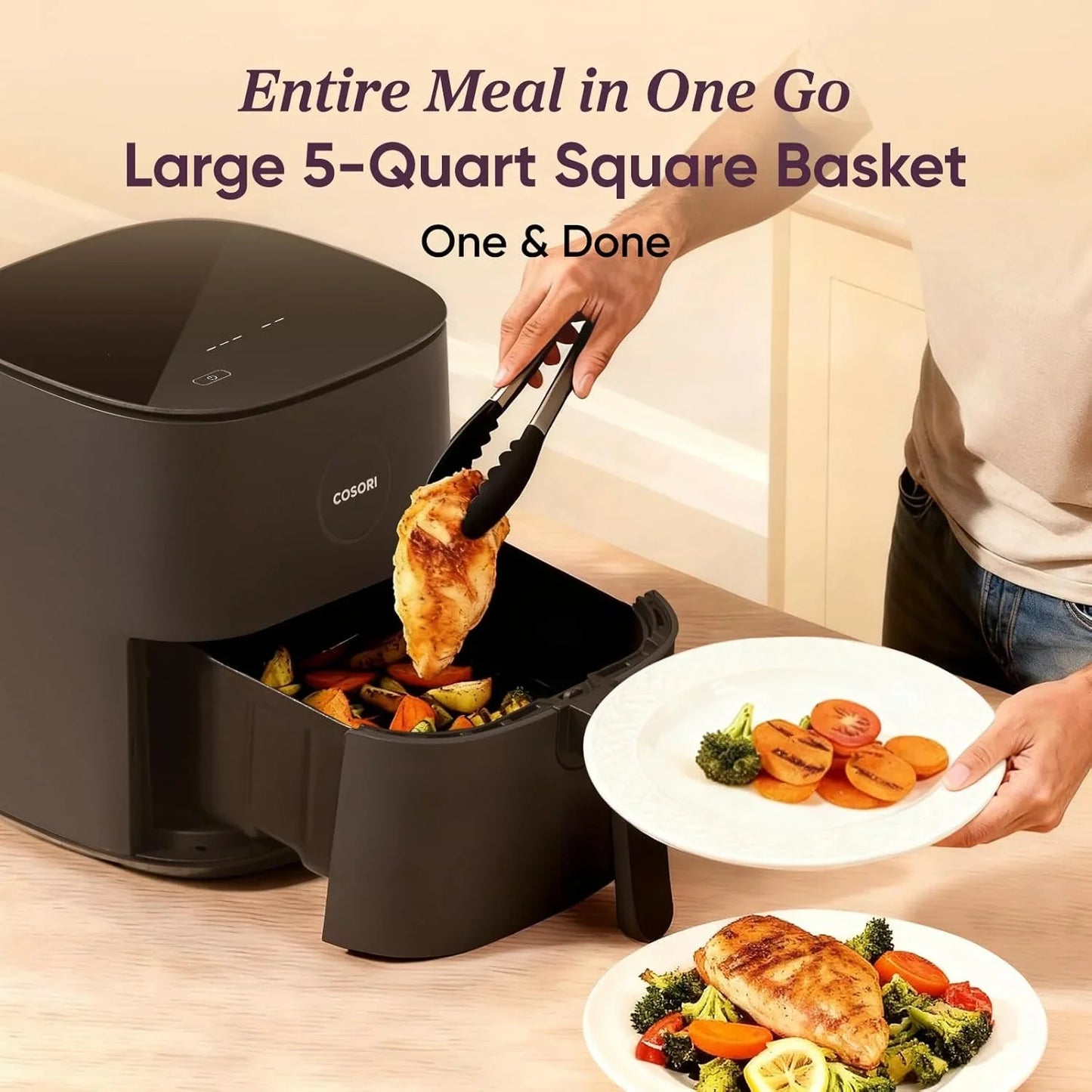 Air Fryer Pro, Compact 5QT, Ceramic Coating, 7 Presets with Preheat & Keep Warm, 450℉, Easy to Use & Clean, Shake Reminder, 130+ In-App Recipes, Nonstick & Dishwasher-Safe Basket, Gray