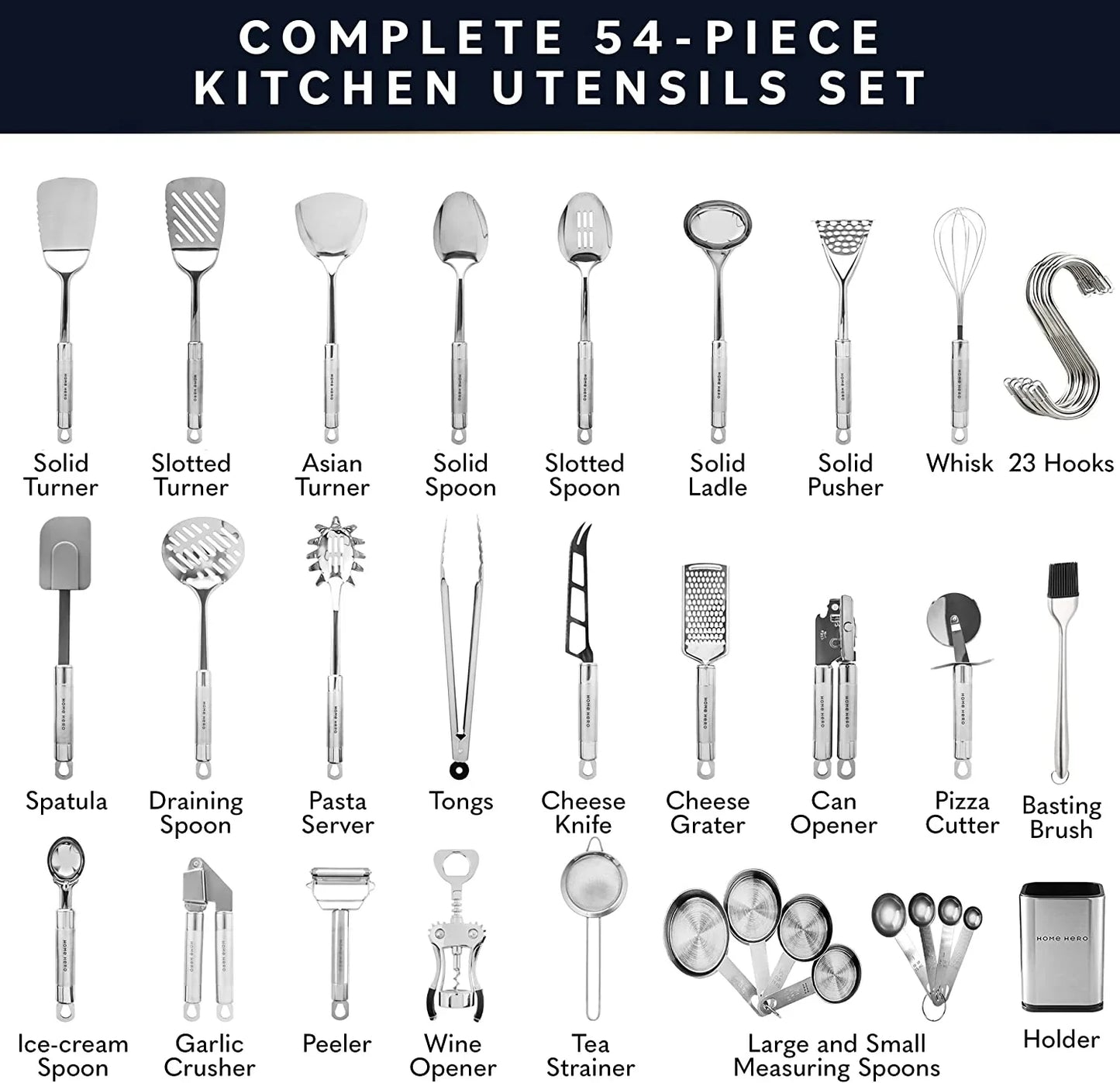54-Piece Stainless Steel Kitchen Utensils Set - Heat-Resistant Nonstick Silicone & Stainless Steel Cooking Utensils - Complete Tools with Slotted Spoon & Pasta Spoon - Pack of 54, Silver