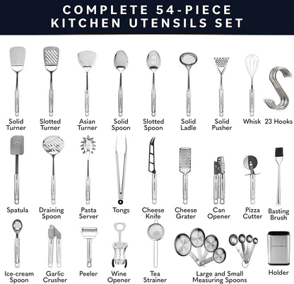 54-Piece Stainless Steel Kitchen Utensils Set - Heat-Resistant Nonstick Silicone & Stainless Steel Cooking Utensils - Complete Tools with Slotted Spoon & Pasta Spoon - Pack of 54, Silver