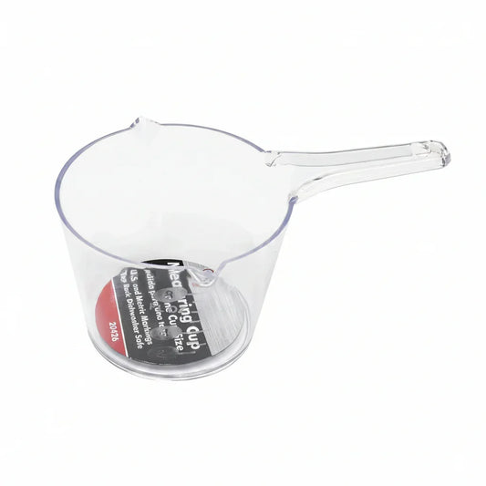 Clear plastic measuring cup with handle, labeled for kitchen use