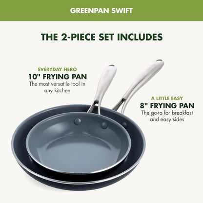 Swift Healthy Ceramic Nonstick, 8" and 10" Frying Pan Skillet Set, Stainless Steel Handles, Pfas-Free, Dishwasher Safe, Oven Safe, Black
