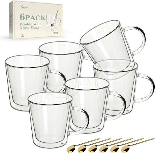 12Oz Double Wall Glass Coffee Mugs, Cappuccino Latte Tea Cups with Handle, Heat Resistant Borosilicate Insulated Clear Glasses (Set of 6)