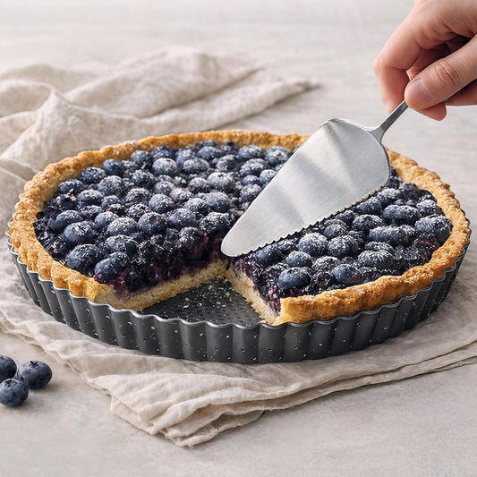 9 Inch Perforated Tart Pan for Crispy Crust W/Cake Server. Removable Bottom, Non-Stick Coating, Rugged Carbon Steel for Tart Quiche Pie Baking. Gift for Christmas Thanksgiving Party