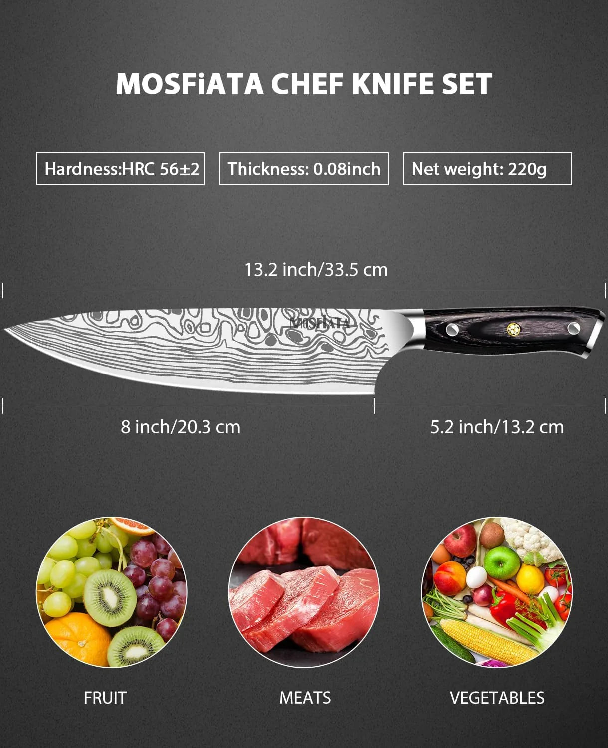 8" Super Sharp Professional Chef'S Knife with Finger Guard and Knife Sharpener, German High Carbon Stainless Steel EN1.4116 with Micarta Handle and Gift Box