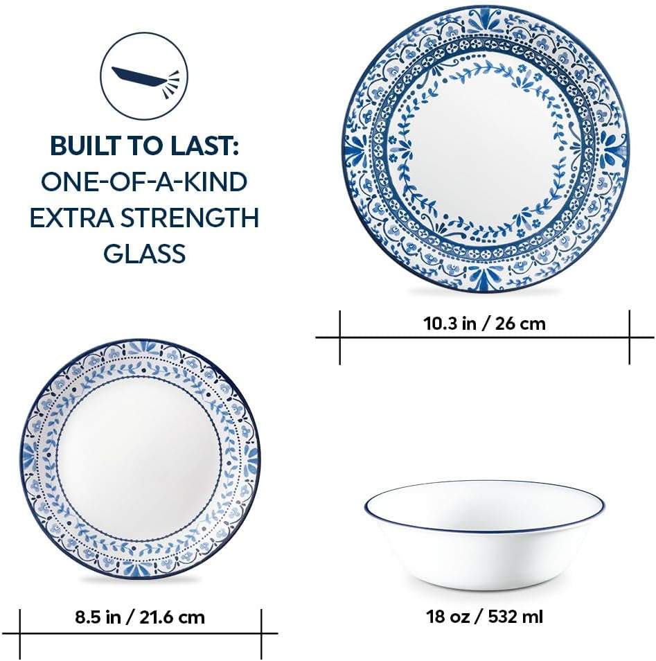 Vitrelle Glass Dinnerware Set, Chip & Crack Resistant Triple Layer Glass, 12-PC Dinnerware Set, Portofino