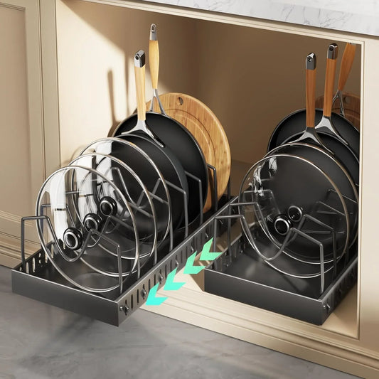 Pull Out Pots and Pans Organizer under Cabinet, Sliding Lid Holder and Pan Rack in Kitchen, Slide Out inside Cabinet Storage for Pot Lid, Bakeware, Dishes, 8 Adjustable Dividers, 2 Pack Black