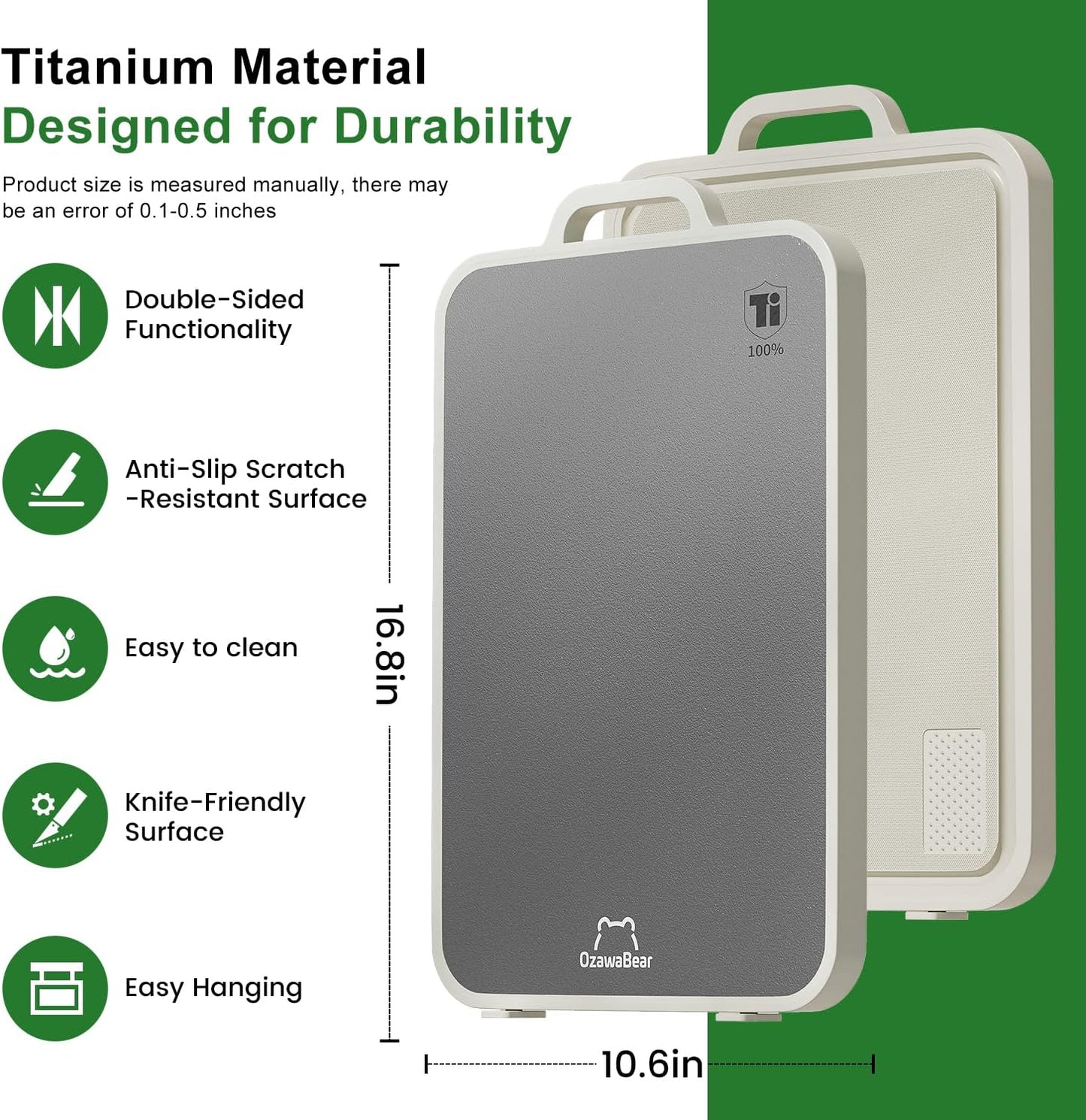 Titanium Cutting Board for Kitchen, Double Sided Cutting Boards Food Grade, 2-In-1 Chopping Boards for Fresh Meat Vegetable, Pure Titanium & PP, Easy to Clean Large Size 16”×11”