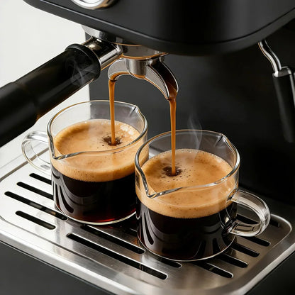 Espresso machine pouring fresh coffee into two glass cups with rich crema