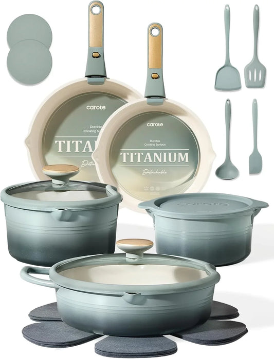 20Pcs Titanium Cookware Set, Pots and Pans Set Non Stick, Kitchen Cooking Set with Detachable Handle, Non Toxic Induction Cookware, Dishwasher/Oven Safe