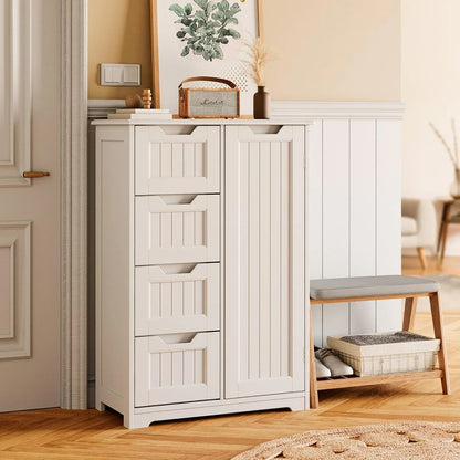 Small Pantry with Door and Shelves, 33'' Kitchen Pantry Storage Cabinet Freestanding Wooden Bathroom Storage Cabinet with 4 Drawers for Kitchen and Dining Room, White