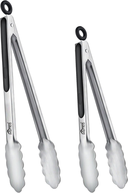 Stainless Steel Kitchen Tongs, Set of 2-9" and 12", Locking Metal Food Tongs for Cooking, Serving, BBQ, Grill Non-Slip Grip