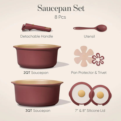 2.0Qt & 3.0Qt Titanium Nonstick Reinforced Sauce Pan Sets with Lid, Non-Stick Saucepans Cookware Set with Pour Spout with Detachable Handle, PFOS, PFOA Free, Induction Comptable, Burgundy