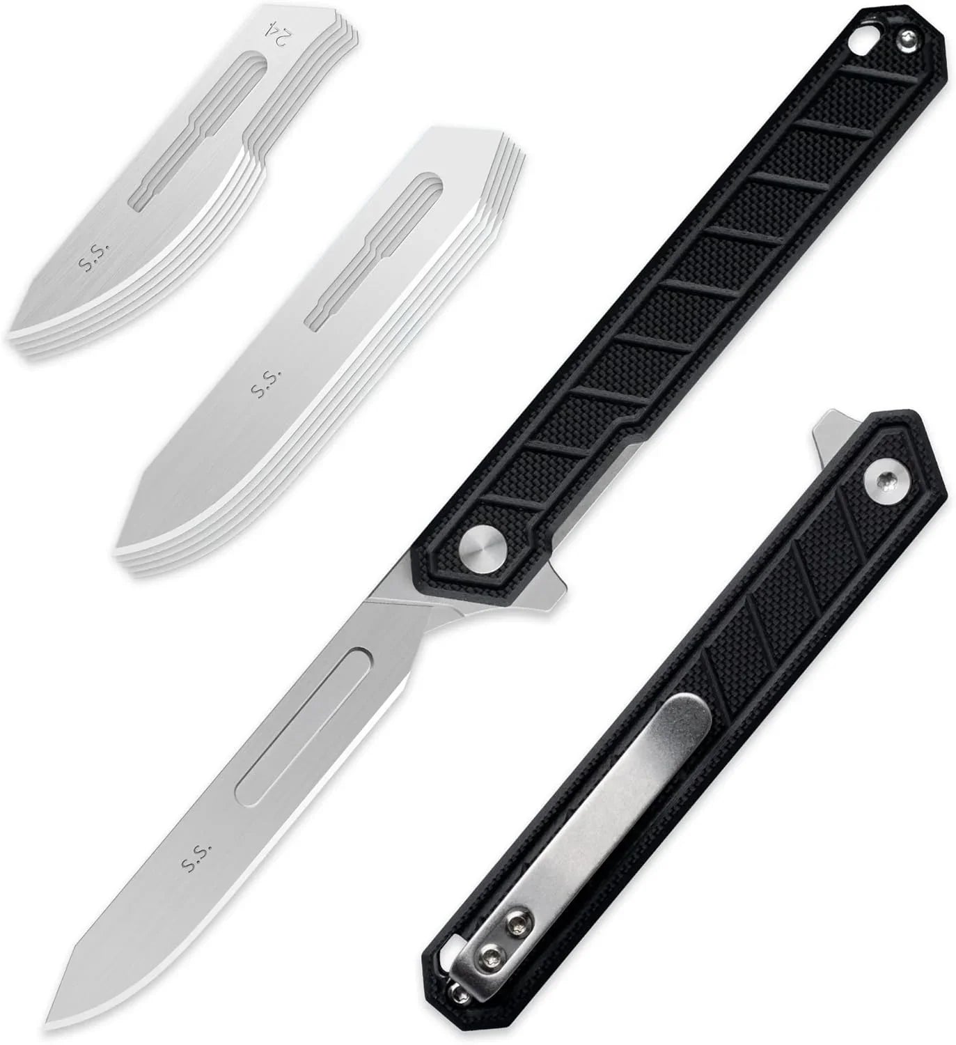 G046 Mecha Mini Slim Folding Scalpel with 5Pcs #24 and 5Pcs #60 G11 Handle with Liner Lock, Utility EDC Pocket Knife with Back Clip（Black）