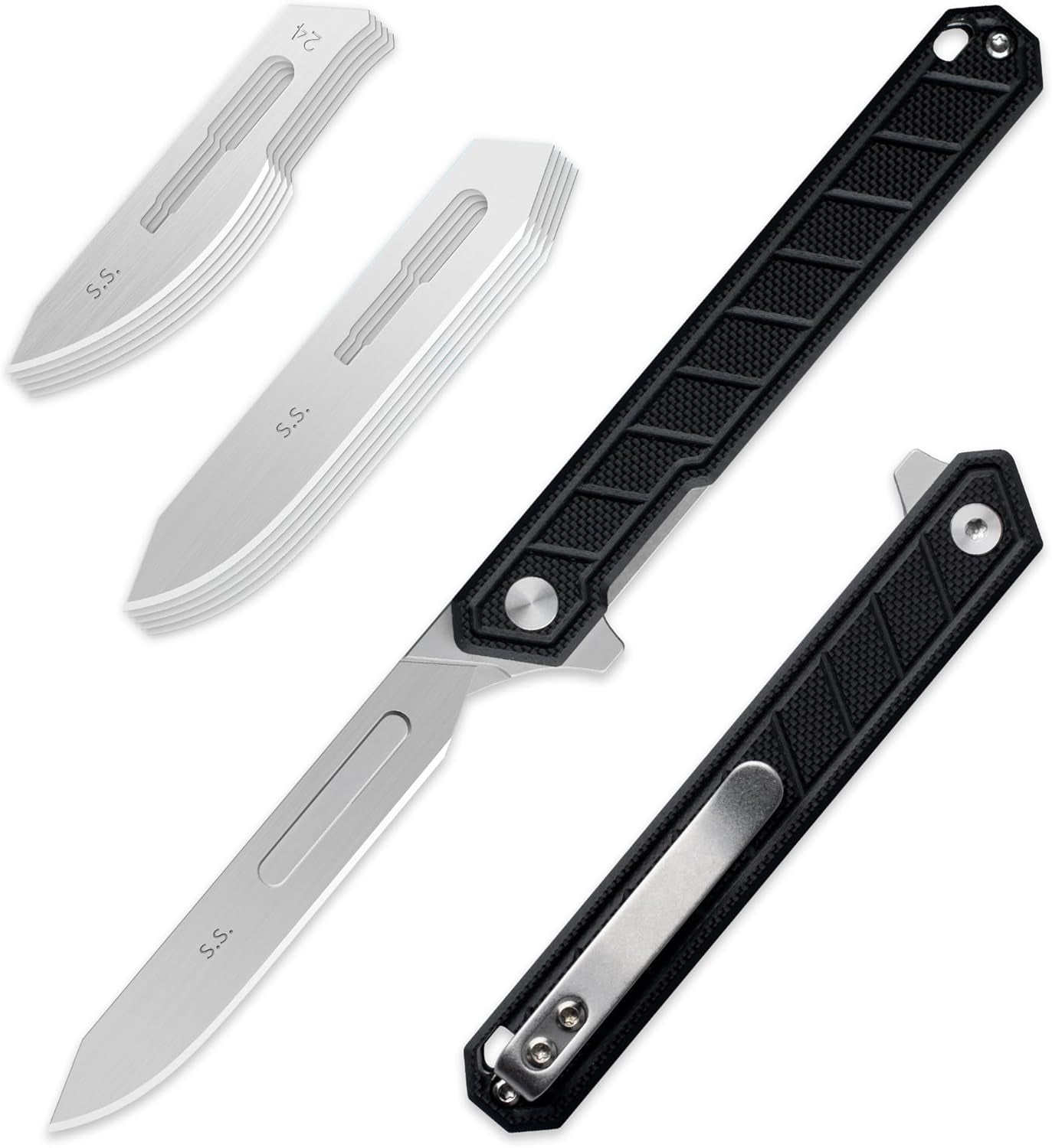 G046 Mecha Mini Slim Folding Scalpel with 5Pcs #24 and 5Pcs #60 G11 Handle with Liner Lock, Utility EDC Pocket Knife with Back Clip（Black）