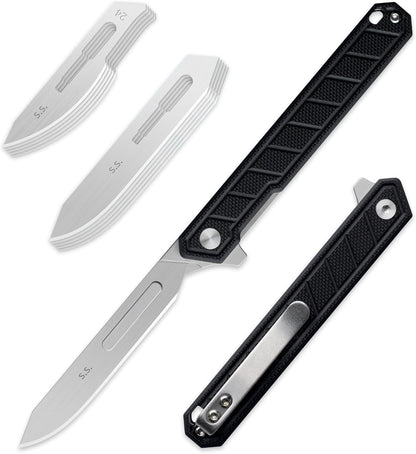 G046 Mecha Mini Slim Folding Scalpel with 5Pcs #24 and 5Pcs #60 G11 Handle with Liner Lock, Utility EDC Pocket Knife with Back Clip（Black）