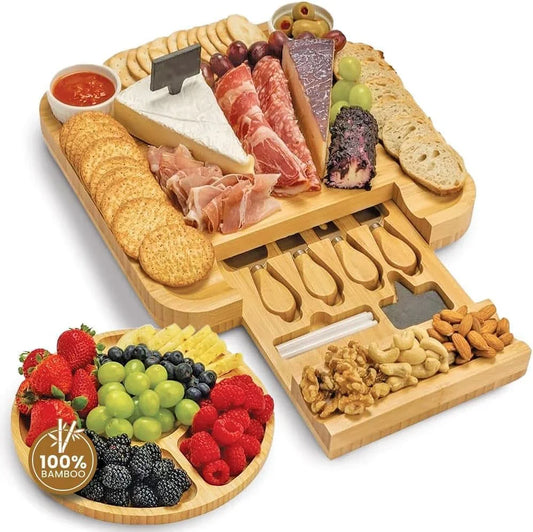 Charcuterie Board Set with Accessories Drawer - Real Bamboo Cheese Board & Stainless Steel Knife Set, Large Meat & Cheese Platter for Parties & Gifts - Natural