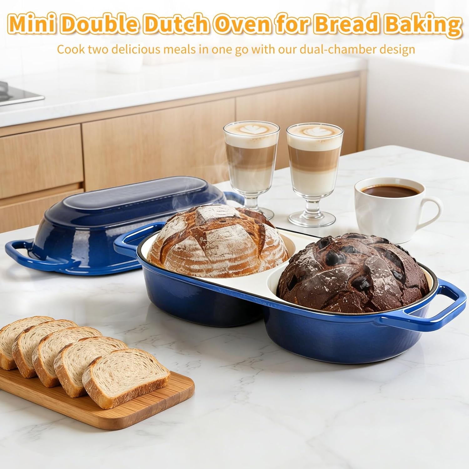 Mini Double Dutch Oven for Sourdough Bread Baking, 2.2QT Enameled Cast Iron Dutch Oven Pot with Lid, Non Stick Dual round Bread Loaf Pan, 500°F Oven Safe, Sourdough Baking Pan for Homemade Baking