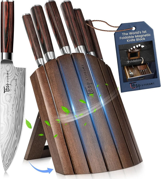 Knife Set 7 Piece Japanese Style Kitchen Knife Set with Foldable Magnetic Acacia Wood Block Sharp High Carbon Stainless Steel Knives Set for Kitchen with Anti-Slip Handle, Gift for Mom