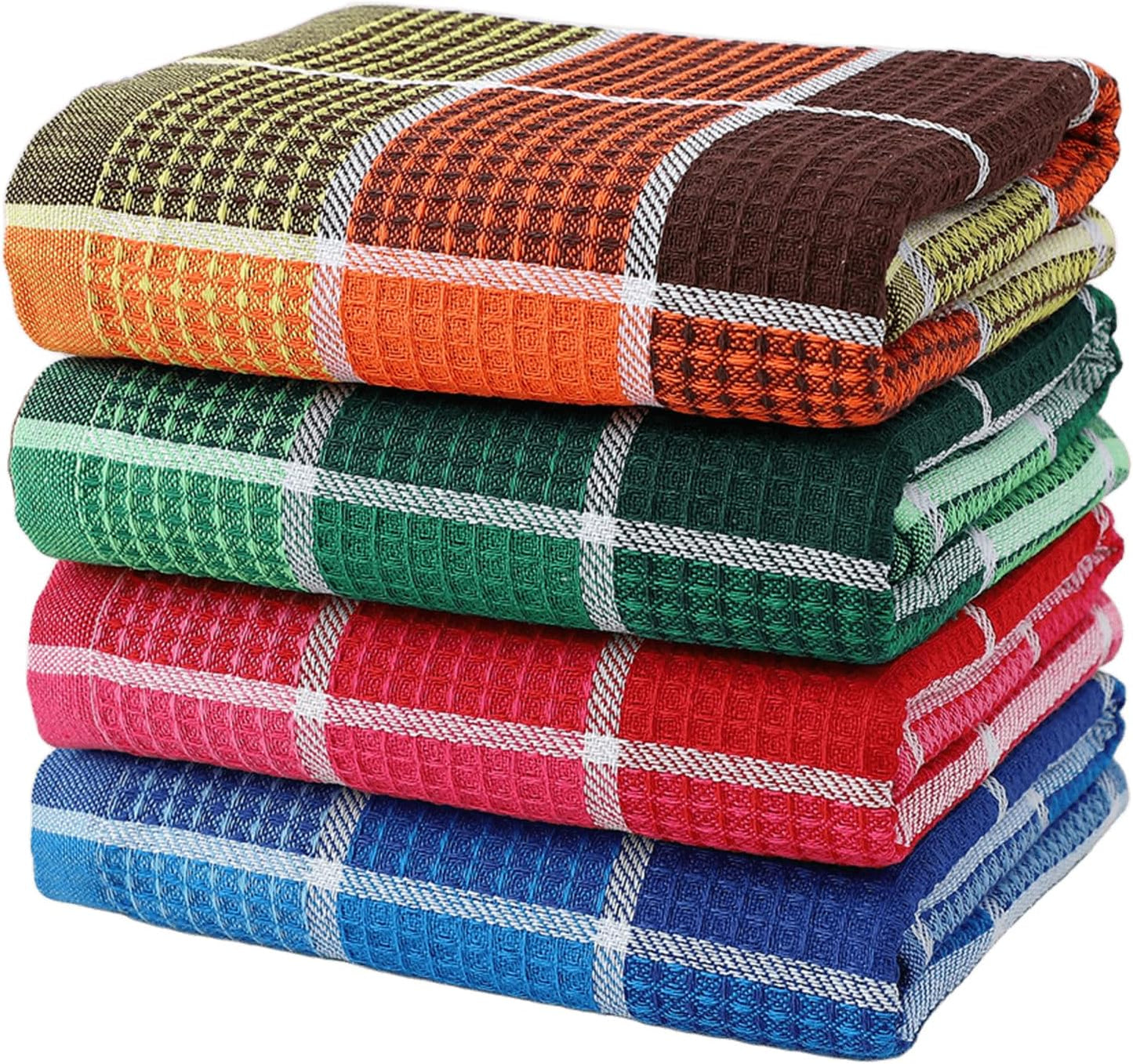 Bright Large Kitchen Towels, 4-Pack, 16 Inch X 26 Inch Buffalo Check Dish Towels for Washing Drying Dishes, Colorful Waffle Design Tea Towel Bar Towel, Buffalo