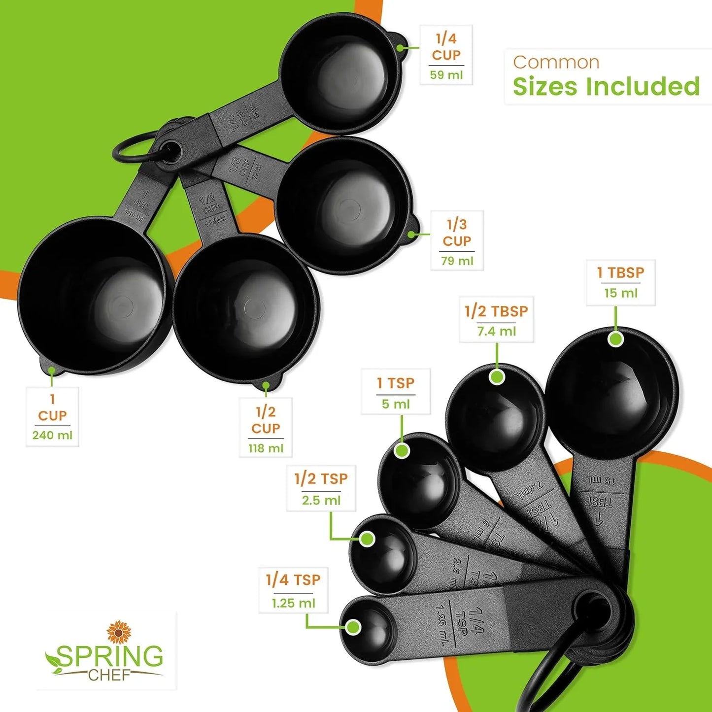 Magnetic Measuring Cups and Spoons Set of 9, Nesting Kitchen Tool with Easy to Read Markings for Measuring Dry or Liquid Ingredient, BPA Free, Black