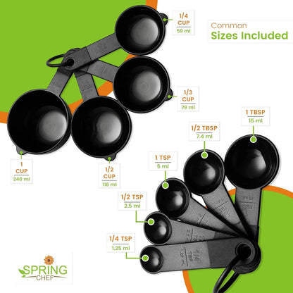 Magnetic Measuring Cups and Spoons Set of 9, Nesting Kitchen Tool with Easy to Read Markings for Measuring Dry or Liquid Ingredient, BPA Free, Black