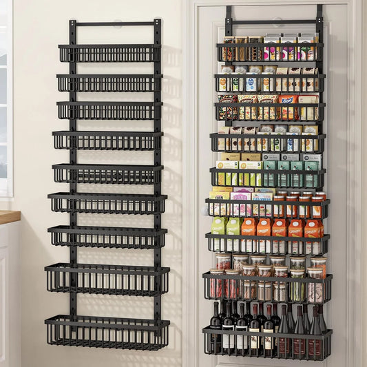 9 Tier over the Door Pantry Organizer, 2 in 1 Wall Mount or Hanging Spice Rack with Adjustable Basket, Seasoning Organizer and Storage for Kitchen Cabinet Closet Bathroom