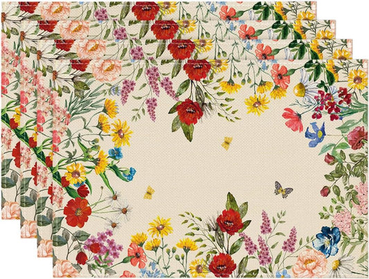 Vintage Floral Spring Placemats Set of 4, 12X18 Inch Seasonal Holiday Table Mats for Party Kitchen Dining Decoration