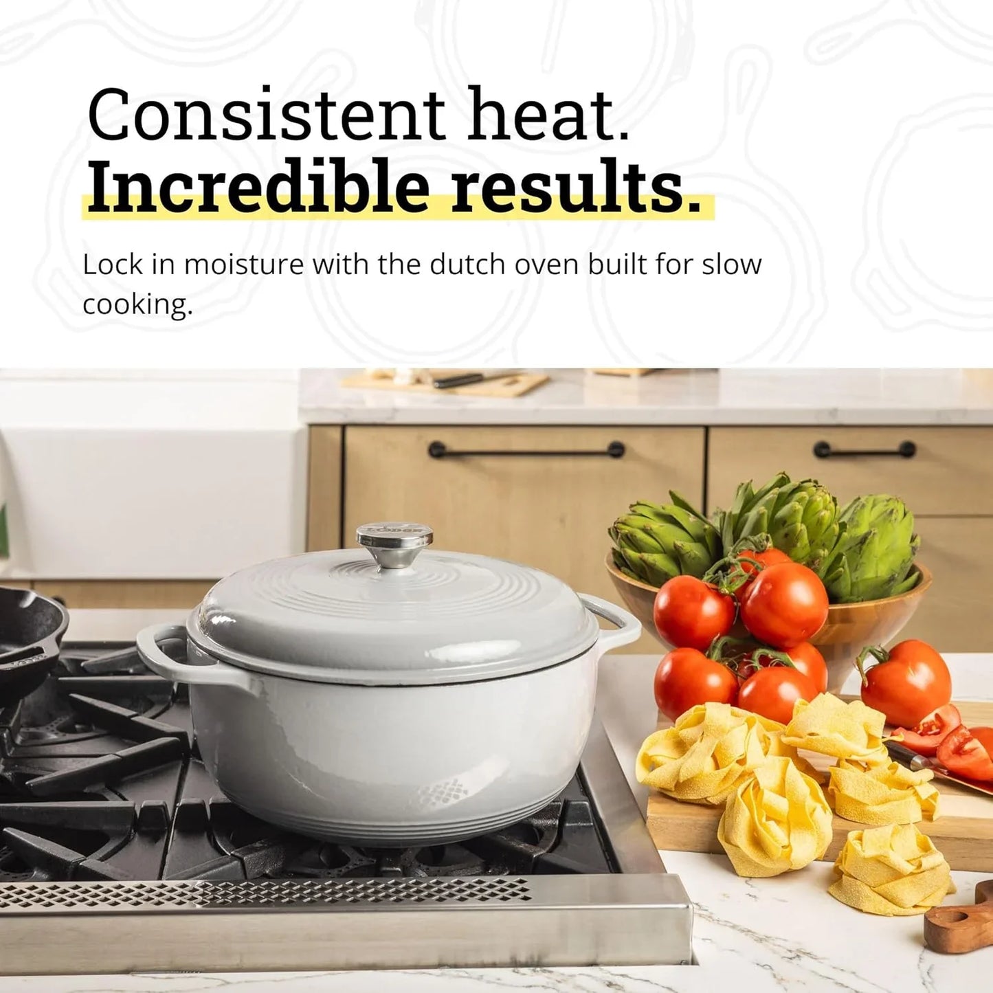 Essential Enamel Cast Iron Dutch Oven - Perfect for Bread Baking, Braising, Marinating & Slow Cooking - Features Moisture-Sealing Lid & Dual Handles - Kitchen Essentials - 6 Quarts - Oyster White