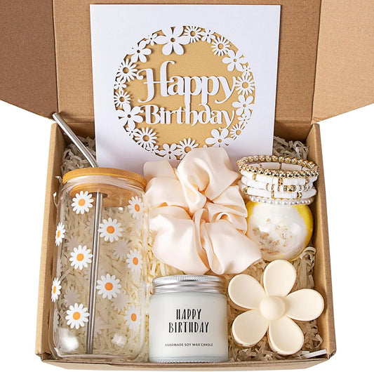 JTEWB Birthday Gifts for Women, Teen Girl, Her, Happy Birthday Gift Box for Girl, Women, Sister, Daughter, Friends, Cute Daisy Aesthetic Glass Cups Gift Set 7Pcs