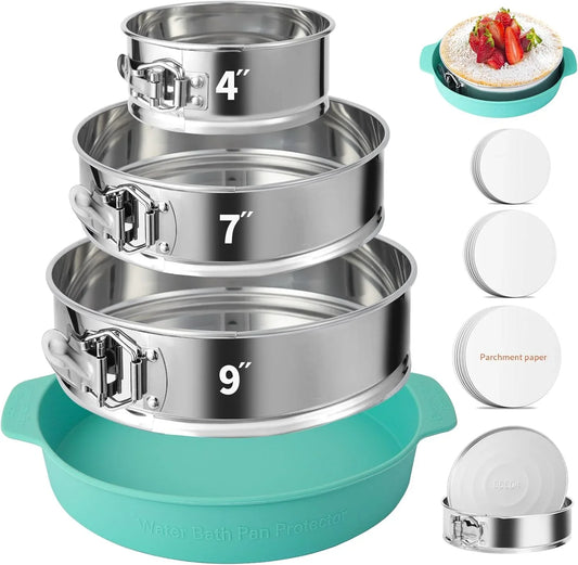 4, 7, 9 Inches Springform Pan Set of 3 - 304 Stainless Steel Nonstick Springform Cake Pan Set with Removable Bottom, 10 Inch Leakproof Silicone Cheesecake Pan Protector with 60 Pcs Parchment Paper