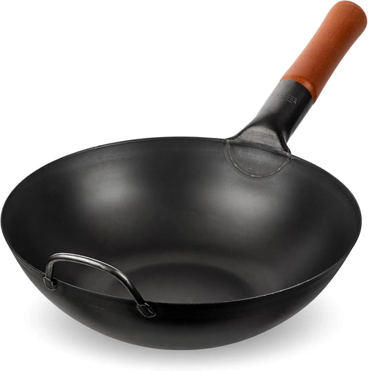 11.8" Carbon Steel Wok Pan – Pre-Seasoned Flat Bottom Pow Wok for Stir Fry, BBQ, Grill & Camping – Traditional Japanese Chinese Cookware – Compatible with Induction, Electric, Gas, Open Fire
