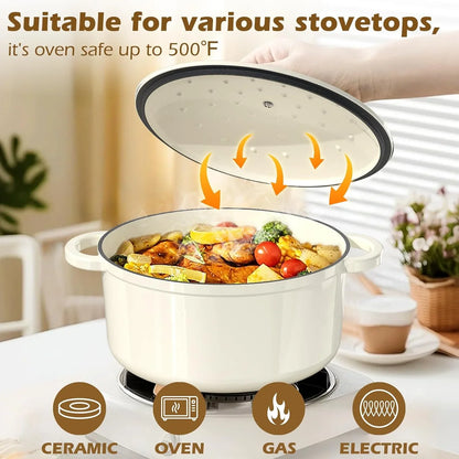 Enameled Cast Iron Dutch Oven -  5QT Pot with Lid & Cotton Potholders - Heavy-Duty Cookware for Bread Baking, Braising, Stews, Roasting(Cream White)