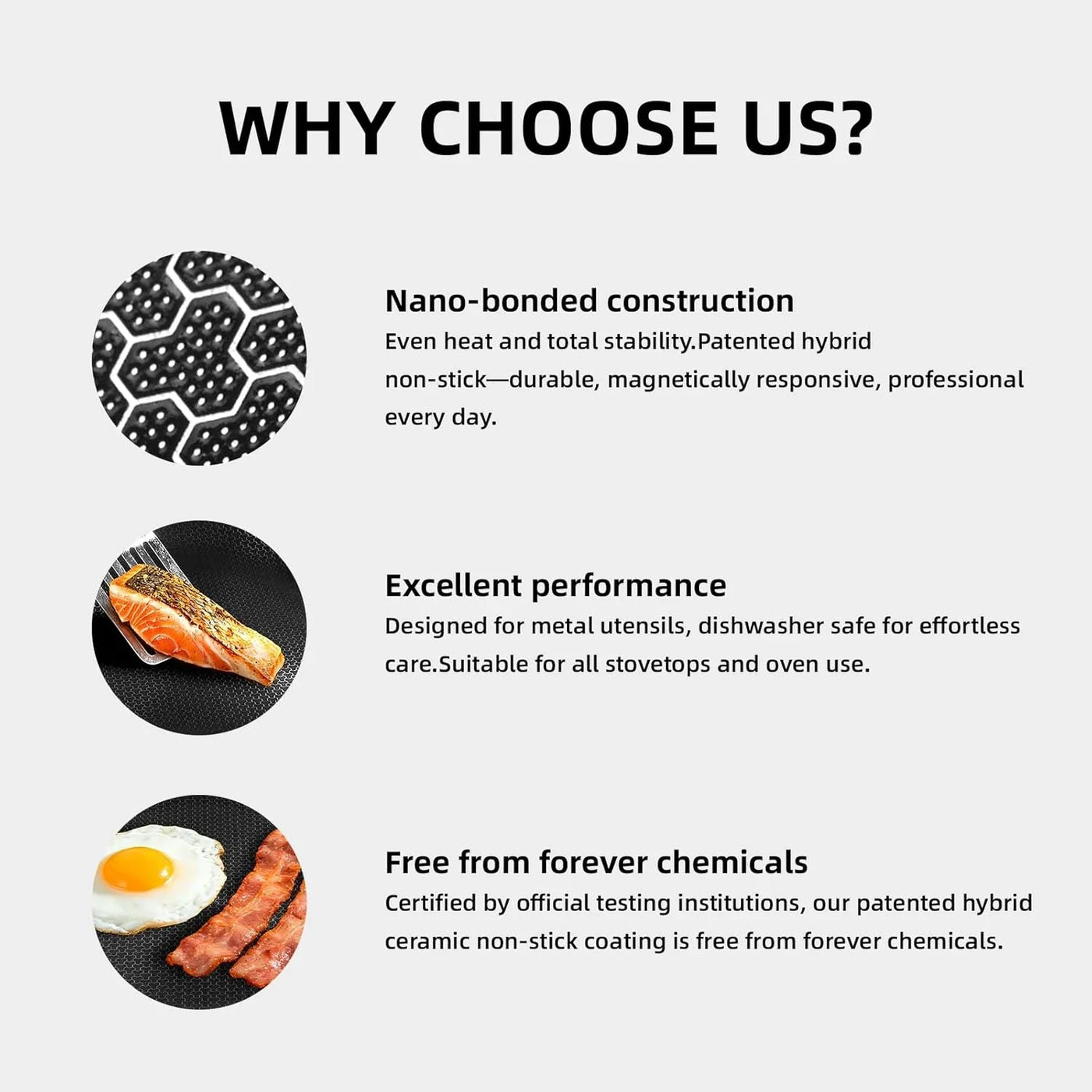 Non-stick cookware features: nano-bonded, durable, chemical-free, perfect for salmon, eggs, bacon, all stovetops