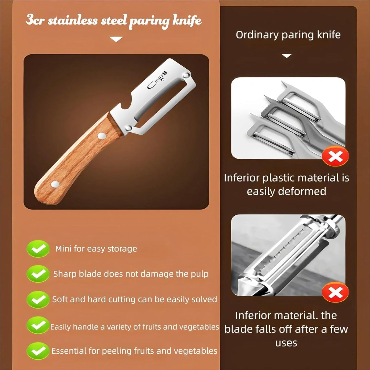 Premium Vegetable Peeler with Wooden Handle and Bottle Opener Stainless Steel Blade Kitchen Tool for Fruit Apple Potato Pumpkin Papaya Zucchini