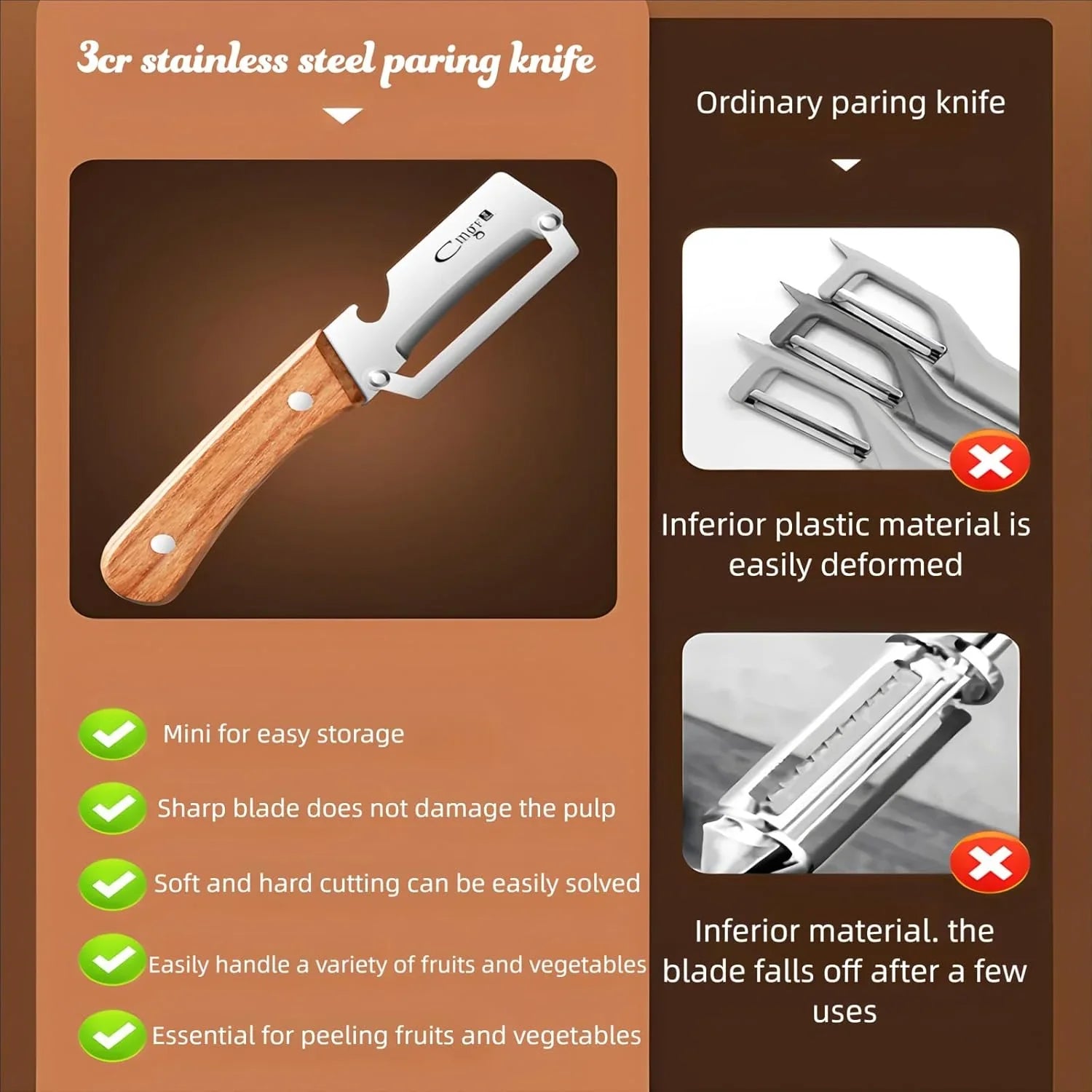 Premium Vegetable Peeler with Wooden Handle and Bottle Opener Stainless Steel Blade Kitchen Tool for Fruit Apple Potato Pumpkin Papaya Zucchini