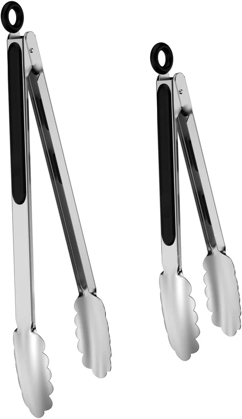 Set of 9-Inch and 12-Inch Stainless Steel Kitchen Tongs with Locking, Metal Cooking Tongs with Non-Slip Grip,Perfect for Grilling, Barbecue (BBQ) and More (9" & 12")