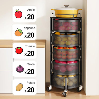 Fruit and Vegetable Basket Bowls for Kitchen with Metal Top Lid, 5 Tier Rotating Storage Rack Cart for Potato Onion Bread Banana, Wire Basket Organizer on Wheels, Large, Black