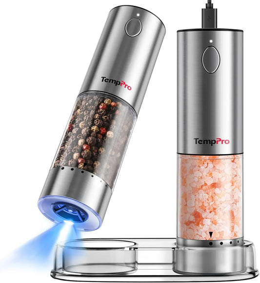 100Ml Electric Salt and Pepper Grinder Set Rechargeable, Automatic Pepper Grinder Shakers with External Adjustment, Refillable Pepper Mill Set with Cover & LED, 2-Pack(Previously Thermopro)